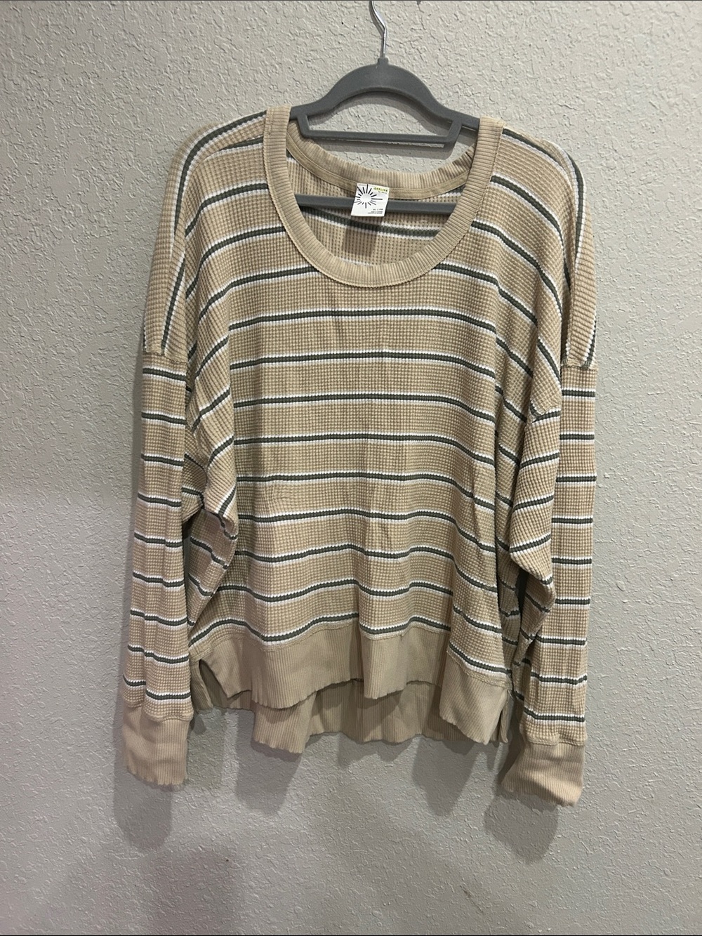 Beige Striped Waffle-Knit Long Sleeve Pullover